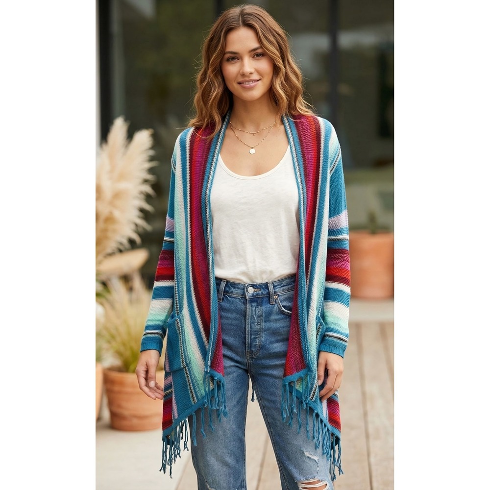 Billabong Rambler Cardigan Sweater Multi Color Striped Fringe Open Front Large